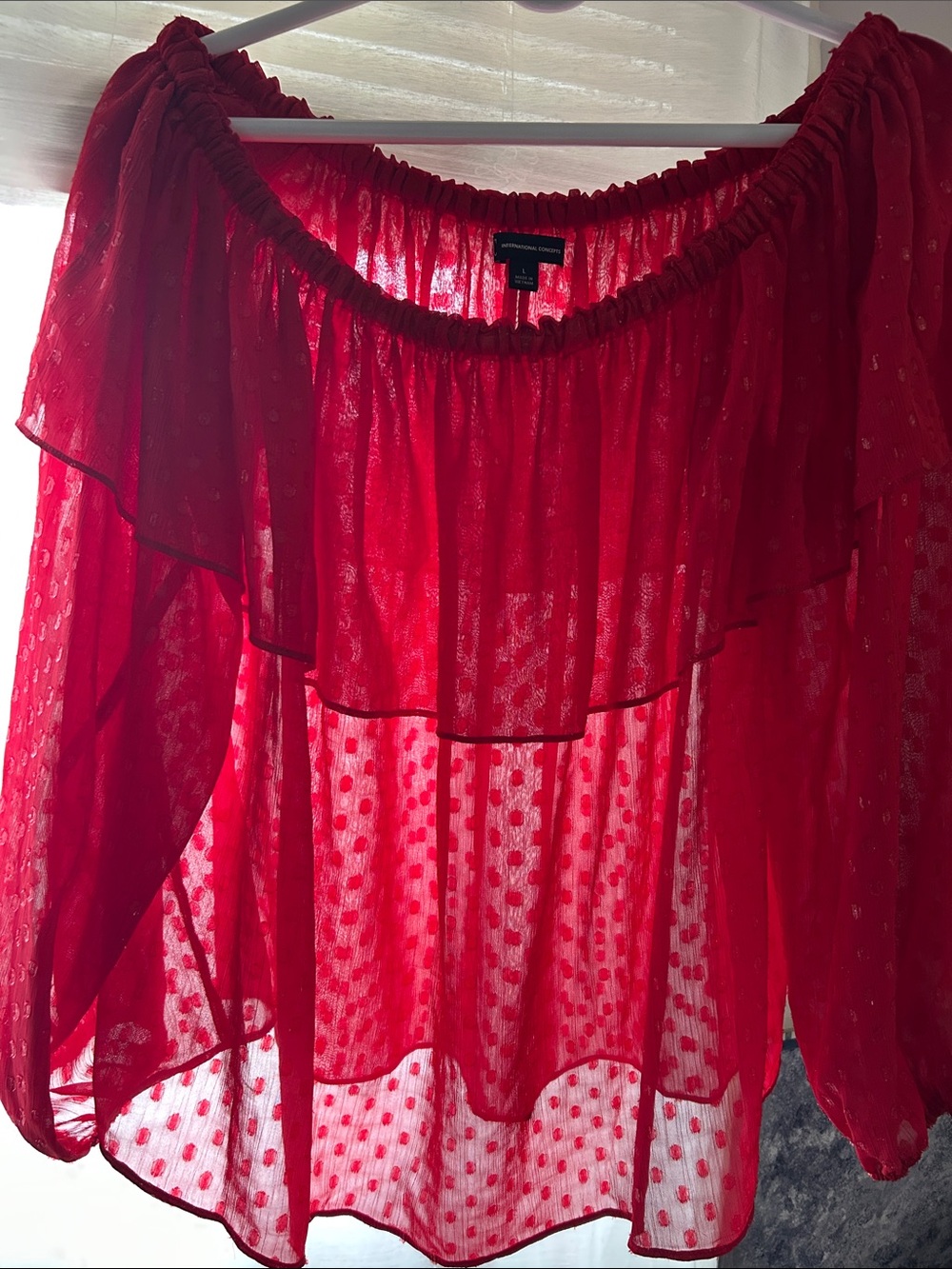 INC International Concepts Red Sheer Ruffle Off-Shoulder Blouse